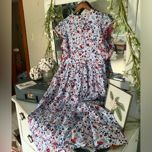 Ann Taylor Patriotic Floral Ruffle Sleeve Maxi Dress